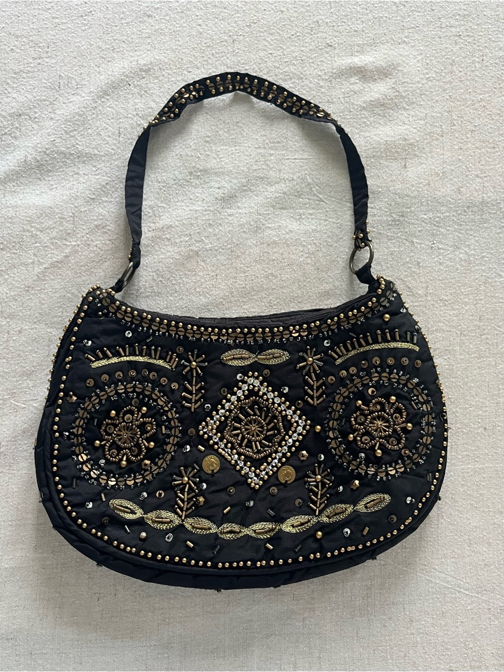 Vintage Jacob Connexion Beaded Evening Bag - Black & Gold Boho Shoulder Bag